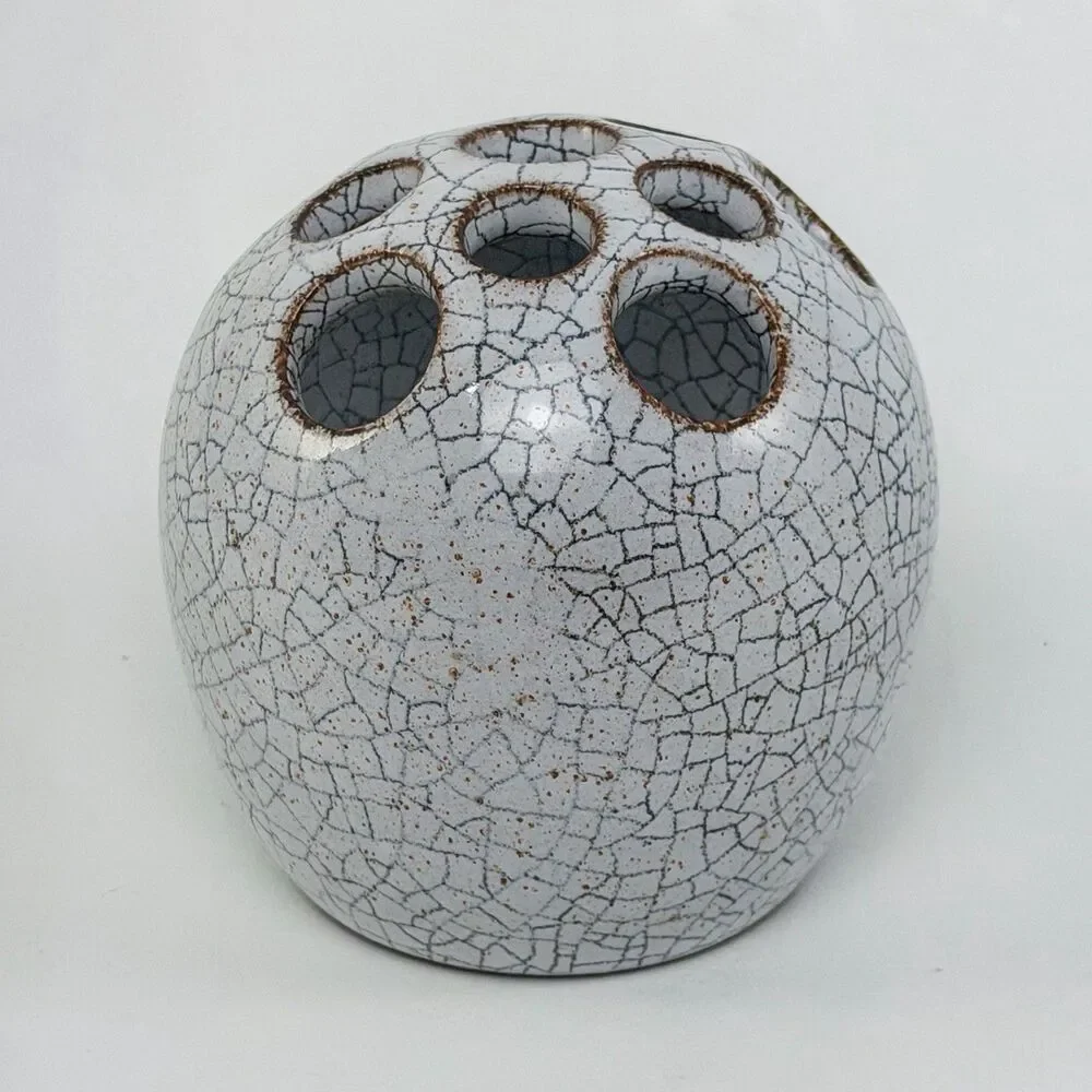 Signed Studio Pottery Crackle Glaze Flower Frog Gray Spherical Ikebana